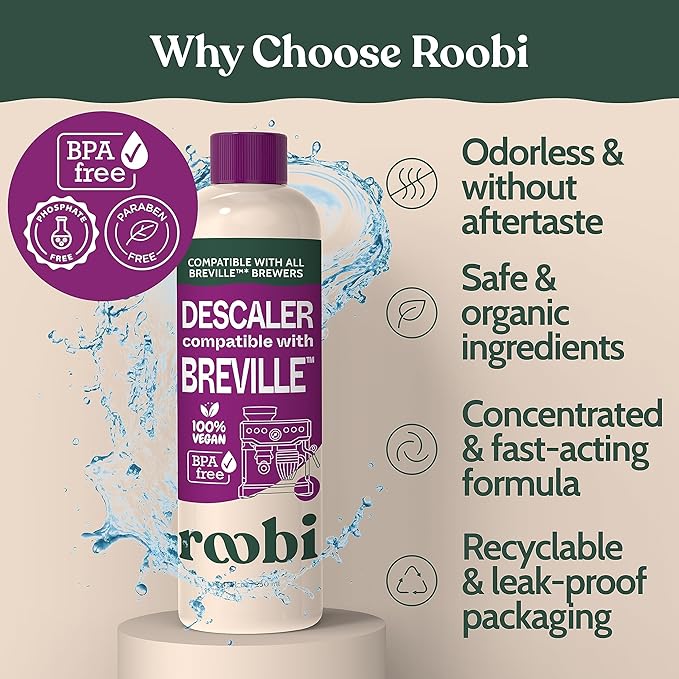 Breville Compatible Descaling Solution. Specially Formulated to Clean & Descale your Breville Espresso Machine. 2 Uses per Bottle, 2 Pack. Eco-Friendly Carbon Neutral Descaler Kit.