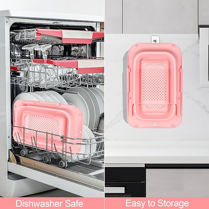 ROTTOGOON 7Qt Collapsible Colander Strainer, Expandable Over the Sink Colanders, Adjustable Silicone Kitchen Sink Strainer, Foldable Large Colander Basket to Wash Vegetable, Fruit, 15" to 19.11", Pink