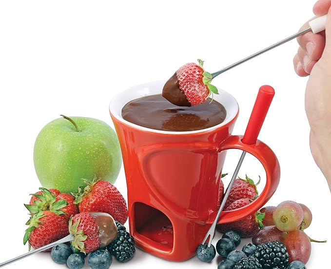 Swissmar 4-Piece Sweetheart Chocolate Fondue Mug Set – Mini Fondue Set for Keeping Chocolate, Caramel, Cheese, & More Warm – Ideal Gift for Weddings & Desserts