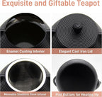20.3oz Small Cast Iron Teapot, SECHUDO Cast Iron Tea Kettle for Stovetop Safe Coated with Enameled Interior, Cast Iron Tea Pot with Stainless Steel Infuser for Loose Tea (Black Pinstripe Pattern)