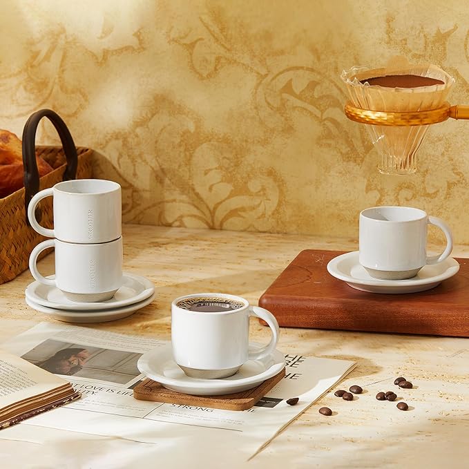 Oak Espresso Cups Set of 4, 3 oz Demitasse Cups, Modern Style, Microwave & Dishwasher Safe (Snow)