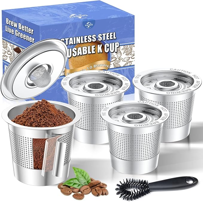 AANQQ Reusable K Cups for Keurig: 4-Pack Upgraded Dual-Layer Mesh Stainless Steel K Cup - Refillable Metal Coffee Pods Filter Fit Keurig 1.0 Coffee Maker - Richer Coffee/NO-Residue/Eco-Friendly