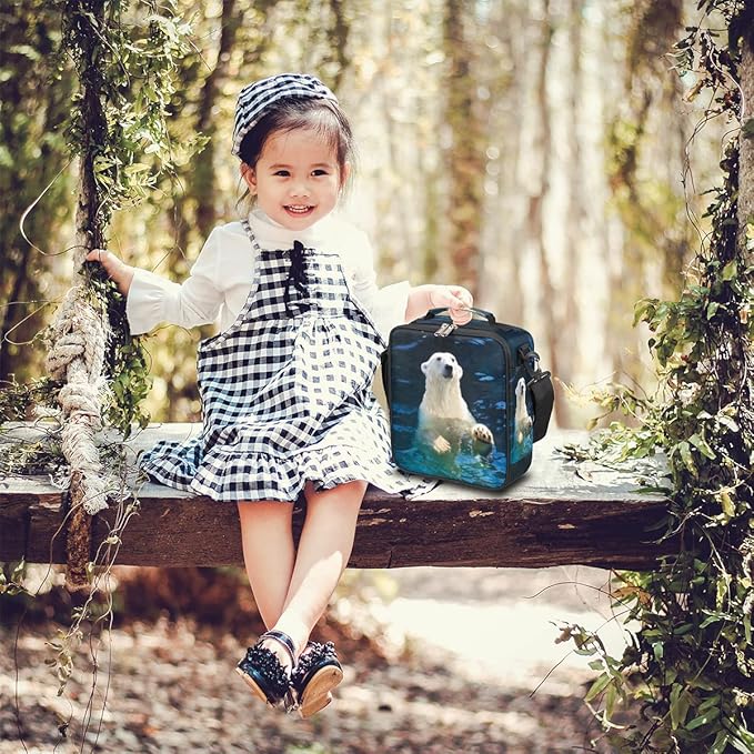 Insulated Lunch Bag for Kids Boys Girls, Cute Polar Bear Lunch Box with Shoulder Strap, Durable Reusable Waterproof Thermal Cooler Bag for School Work Picnic Travel Meal Prep Bag