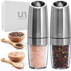 Urban Noon Gravity Salt and Pepper Grinder Set - Battery Operated Stainless Steel Mills with Light (2 Grinders) - Automatic One Handed Operation - Electric Adjustable Shakers - Ceramic Grinders