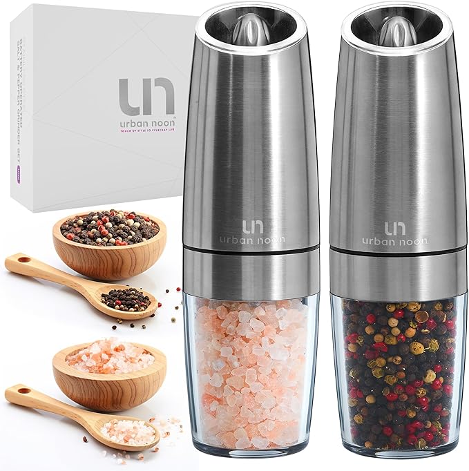 Urban Noon Gravity Salt and Pepper Grinder Set - Battery Operated Stainless Steel Mills with Light (2 Grinders) - Automatic One Handed Operation - Electric Adjustable Shakers - Ceramic Grinders
