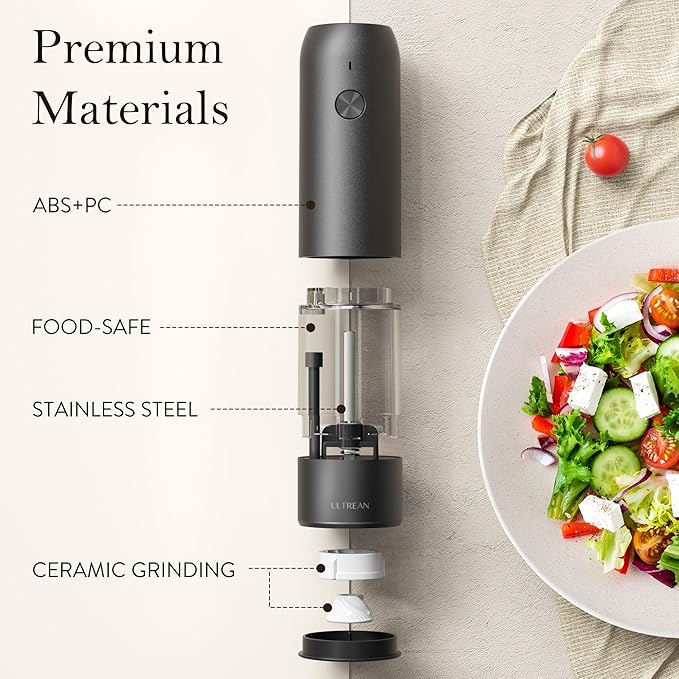 Ultrean Electric Pepper Grinder, Rechargeable Salt and Pepper Grinder with 6 Adjustable Coarseness, LED Light, One-Hand Automatic Operation, Starry Gray