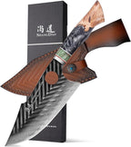 SHANGDAO Damascus Butcher Knife 7 Inch, Viking Cleaver Kitchen Knives with Leather Sheath - 67 Layers Alloy Steel with Professional Hand Forged Resin & Wood Handle QILIN Series