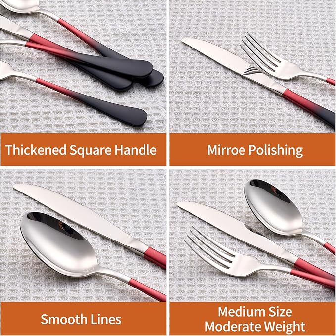20 Piece Black Red and Silver 18/0 Flatware Utensil Set for 4, Include Dinner Knife,Dinner Forks,Dinner Spoons,Salad Forks,Teaspoons,Silverware Set for 4, Dishwasher Safe