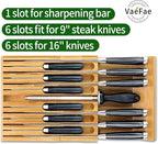 VaeFae Bamboo Knife Drawer Organizer, Knife Drawer Organizer Insert, Kitchen Drawer Knife Block for 12 Knives and a PLUS Slot for your Knife Sharpener (Without Knives)