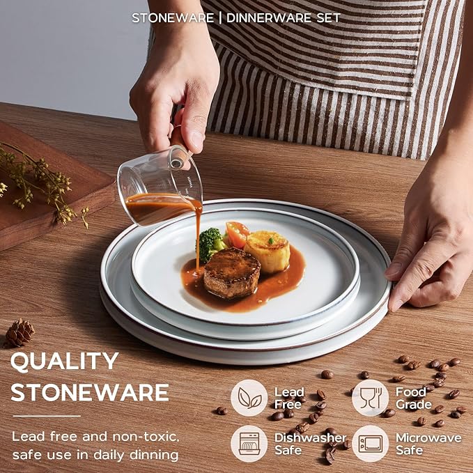 Stoneware Dinnerware Sets, Onader 12 Piece Plates and Bowls Dish Sets for 4, Ceramic Dishware Dining Ware with Rustic Terracotta Bottom - Glacier White