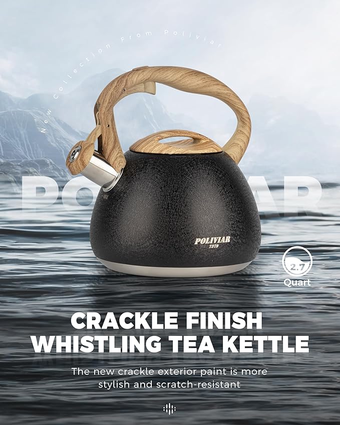 POLIVIAR Tea Kettle, 2.7 Quart Stovetop Tea Kettle, Audible Whistling Teapot with Crackle Finish, Food Grade Stainless Steel for Anti-Rust, Anti Hot Handle, Suitable for All Heat Sources (JX2023-LRB)