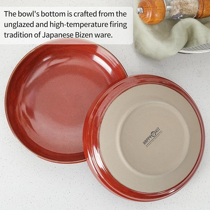 HAPPY KIT 9'' Pasta Bowls, 42oz Pasta Bowls Set of 4, Large Salad Bowl, Ceramic Serving Bowls,Double Reactive Glaze, Ideal for Housewarming, Festivals, Microwave Safe (Dark Ruby)