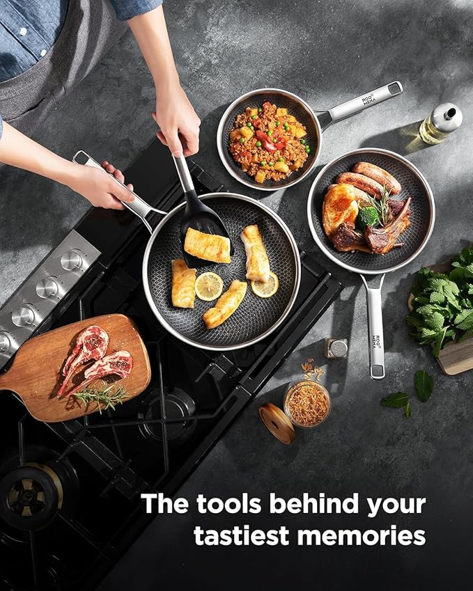 Nonstick Frying Pan Set, Non-Toxic Tri-Ply Hybrid Ceramic Skillet 3 Piece, 8, 10 & 12 Inch Stainless Steel Pans, PFAS/PFOA/PTFE Free, Metal Utensil Safe, Dishwasher & Oven Safe, Induction Compatible