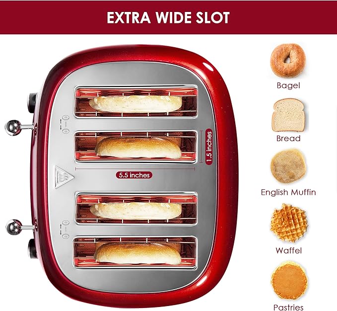 Roter Mond 4 Slice Toaster Retro Stainless Steel with Bagel Defrost Cancel Function, 6 Browning Settings, Extre Wide Slot and Removable Crumb Tray, Red, ST033
