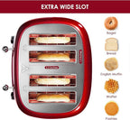 Roter Mond 4 Slice Toaster Retro Stainless Steel with Bagel Defrost Cancel Function, 6 Browning Settings, Extre Wide Slot and Removable Crumb Tray, Red, ST033