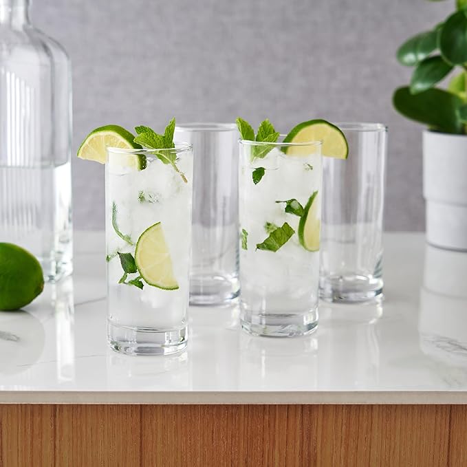 True Highball Glasses, Tall Glass Tumbler for Cocktails, Mojito Iced Tea Juices, Soda Water Drinking Cups, Kitchen Glassware, Home Bar, 11 oz Set of 4