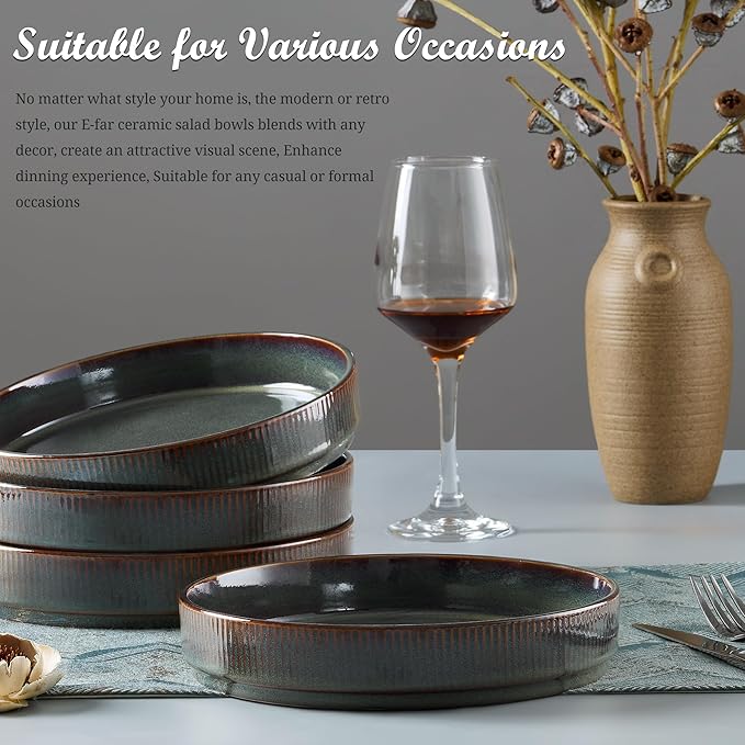 E-far Pasta Bowls Set of 4, 35oz Large Salad Bowl Plate for Dinner Serving, Wide & Shallow Ceramic Stoneware Pasta Plates, Microwave & Dishwasher Safe, Reactive Glaze Textured Stripes, Blackish Green