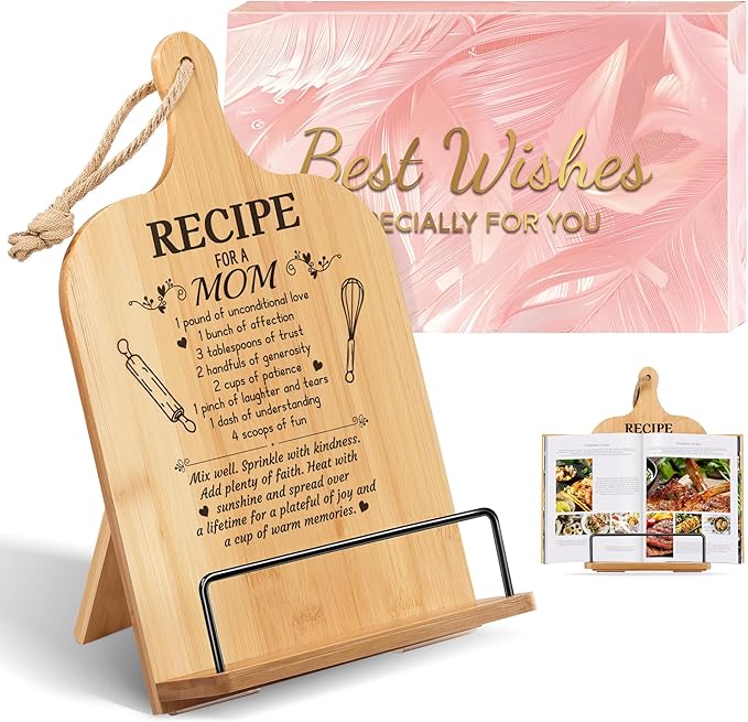 Mom Gifts Kitchen Gifts for Women Retirement Gifts Cookbook Stand Bamboo Recipe Book Holder Adjustable Non-Slip Cook Book Stand for Kitchen Counter