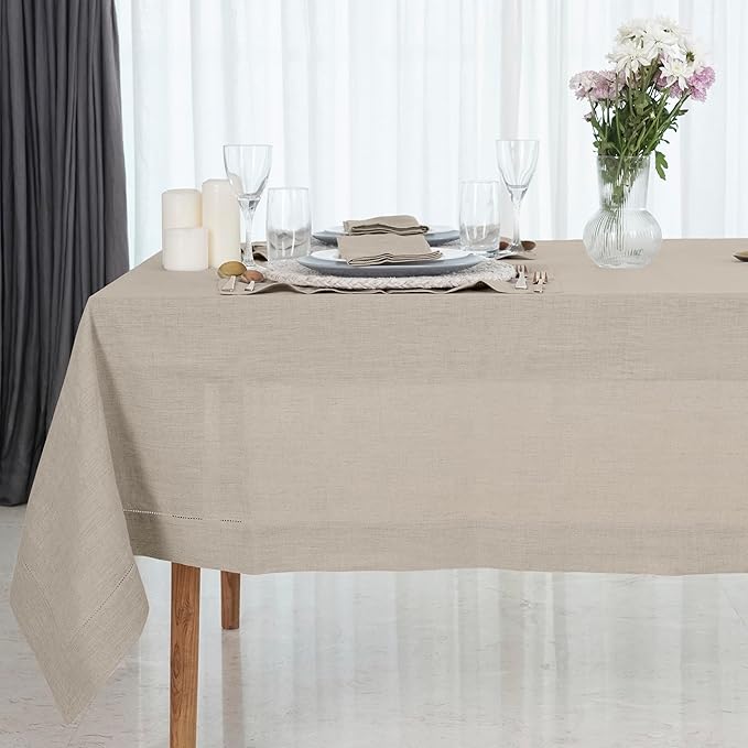 D'Moksha Homes Natural Linen Tablecloth for Rectangle Tables 60 x 102 Inch - Classic Hemstitch 100% Pure Linen Natural Table Cloth - Machine Washable Dining Tablecloth for Summer, Fall and Halloween