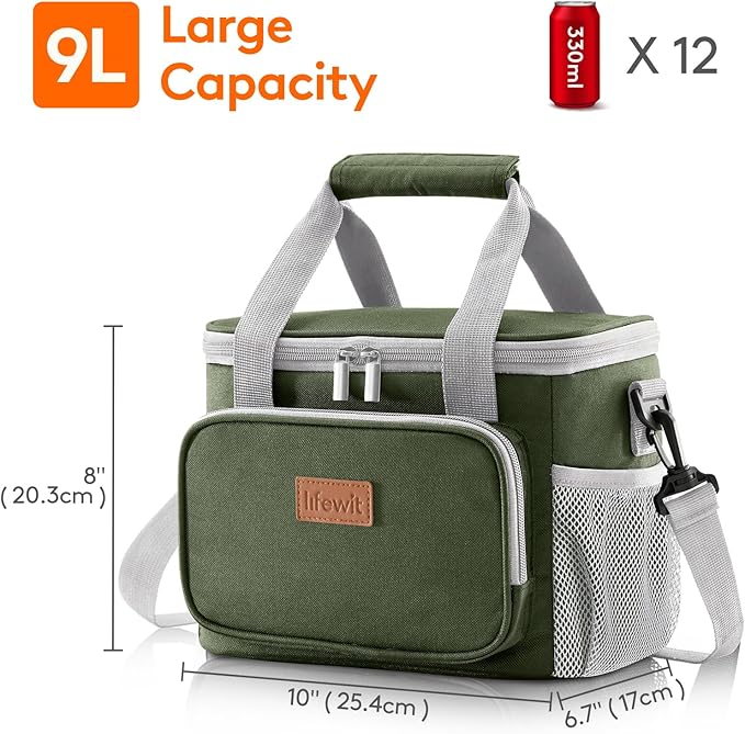 Lifewit Medium Lunch Bag Insulated Lunch Box Soft Cooler Cooling Tote for Adult Men Women, Gray and Green 12-Can (9L)