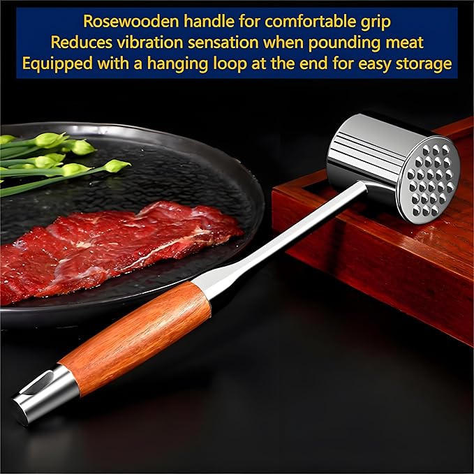 Meat Tenderizer Tool 304SS for Kitchen,Meat Mallet Meat Hammer Meat Beater for Tenderizing and Flattening Meat,Meat Pounder Tenderizer for Pounding Meats, Hanging Loop,Basic Handle (Rosewood)