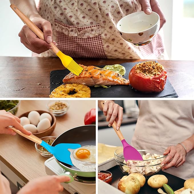 Kitchen Utensils Set of 12, E-far Silicone Cooking Utensils with Holder, Non-stick Cookware Friendly & Heat Resistant, Includes Spatula Tong Whisk Ladle Brush Slotted Turner Spoon(Multi-colored)