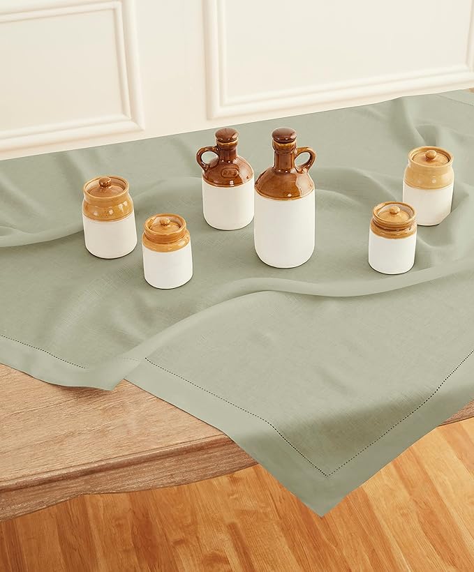 Solino Home Sage Green Linen Tablecloth 52 x 52 Inch - 100% Pure Linen Square Table Throw - Classic Hemstitch, Machine Washable Table Cloth for Summer, Fall, Autumn