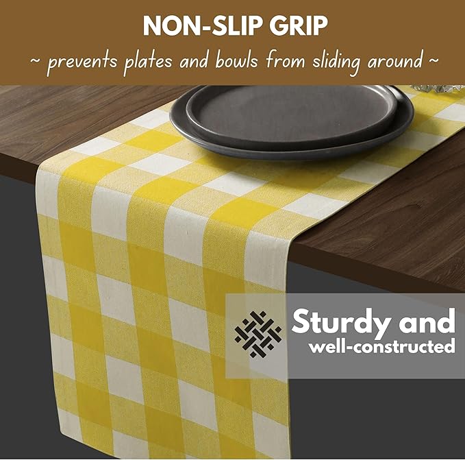 Native Fab Table Runner Buffalo Check Plaid 100% Cotton - 13x108 Inches Kitchen Dining Table Decoration for Indoor Outdoor Farmhouse Home Party Decor -Lemon Yellow and White