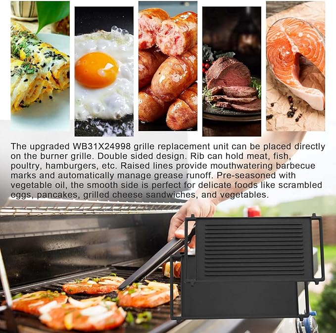 WB31X24998 WB31X24738 JXGRILL1 Griddle Replacement for GE Stove - 19.6" x 10.3" Reversible Cast Iron Center Griddle Plate, Gas Range Cooktop Parts, Fits GE JGBS66REKSS, JGB735SPSS & More