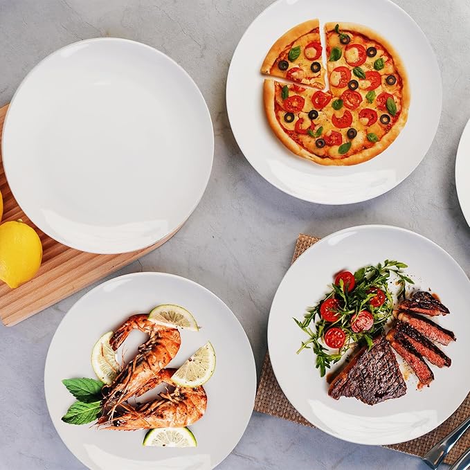 White Ceramic Dinner Plates Set of 8, 10 inch, Salad Plates, Pizza Plates, Dinnerware Sets, Microwave & Dishwasher Safe