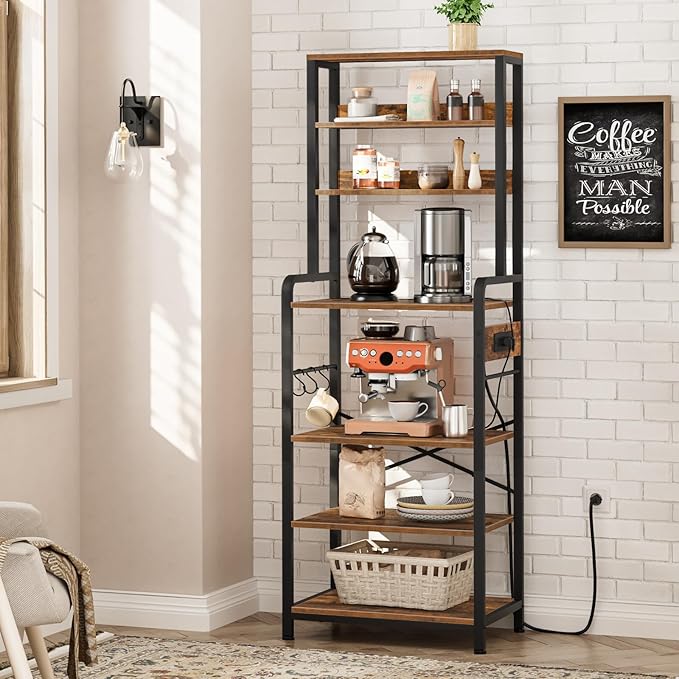 HOOBRO Bakers Rack with Power Outlet, 68.1inch Height Microwave Stand with 4 S-Shaped Hooks, 7-Tier Kitchen Storage Shelf Rack, Coffee Bar, for Kitchen, Living Room, Rustic Brown BF06HB01