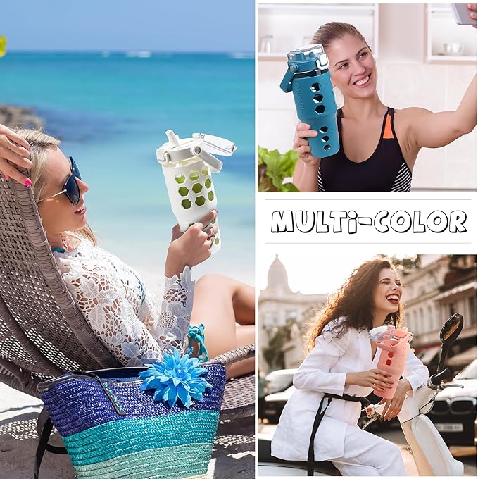 MUKOKO 32 oz Glass Tumbler with Straw,Glass Water Bottles with Time Marker,Iced Coffee Cup with Silicone Sleeve,Motivational Drinking Bottles,Leakproof-White