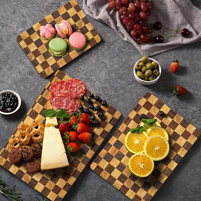 Checkered Cutting Boards for Kitchen, Walnut Rubber & Wooden Cutting Board Sets, Chopping Boards with Anti-Slip Base and Guide Groove, Chessboard Carving, Used for Cutting Vegetables Fruits & Meats
