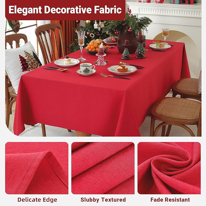 Laolitou Table Cloth Rectangle Linen Waterproof Textured Red Tablecloth, Washable Wrinkle Free Spill Proof Fabric Tablecloths for Dining Table Farmhouse Kitchen Holiday, 60x104 Inch