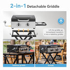 GREEN PARTY 2 Burner BBQ Propane Gas Griddle with Collapsible Stand, 18 Inch Portable Griddle with Side Table & 253 Sq. In. Cooking Area, Flat Top Gas Grill for Outdoor Cooking Garden Patio Backyard