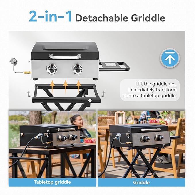 GREEN PARTY 2 Burner BBQ Propane Gas Griddle with Collapsible Stand, 18 Inch Portable Griddle with Side Table & 253 Sq. In. Cooking Area, Flat Top Gas Grill for Outdoor Cooking Garden Patio Backyard