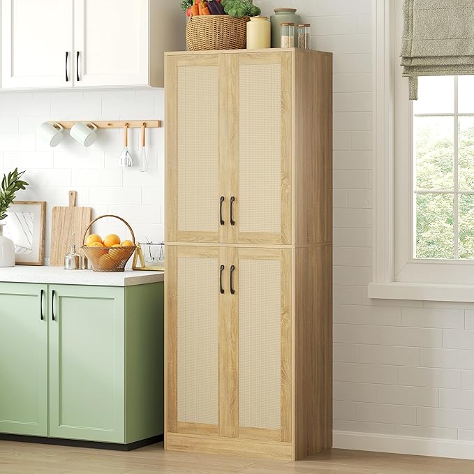 Kitchen Pantry Cabinet, 67" Tall Rattan Storage Cabinet with Doors and Adjustable Shelves, Wooden Linen Pantry Cupboard for Small Spaces Laundry Room Bathroom, Food Snack Towels Storage, Oak