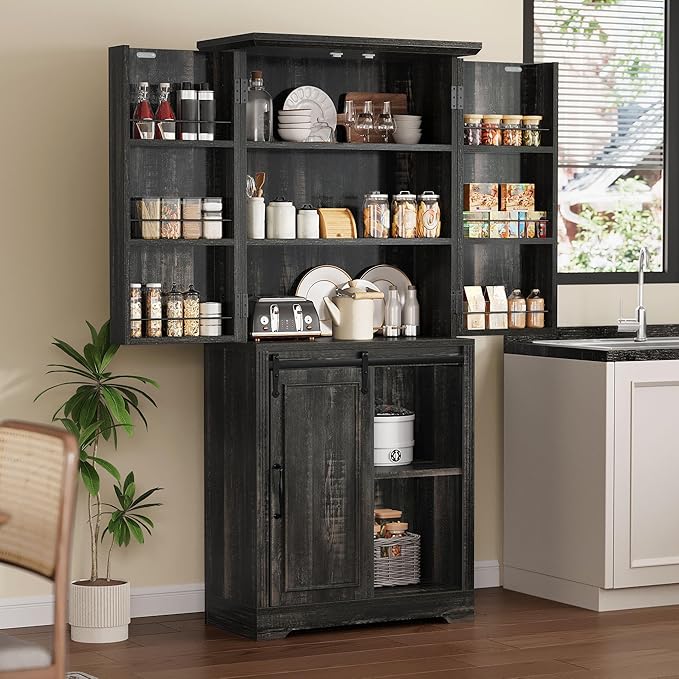 YITAHOME Pantry Cabinet, 71-Inch Tall Freestanding Storage Cabinet with 4 Drawers, Farmhouse Cupboard with Doors Storage, Adjustable Shelves, for Living Room, Dining Room, Black Oak