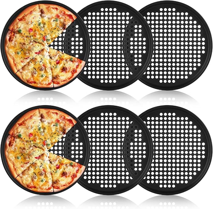 6 Pack 12 Inch Pizza Pan for Oven Round Pizza Pan with Holes Large Pizza Tray Set Carbon Steel Non Stick Pizza Plates Perforated Pizza Baking Sheet Personal Metal Platter for Grilling, Cooking