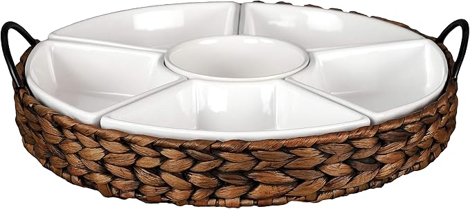 Serving Tray and Serving Dishes, RANDEFURN 7-Set Gold Platters for Parties,15.5 x 15.5 inches, Divided Serving Trays & Platters, Portable Handle,Gold