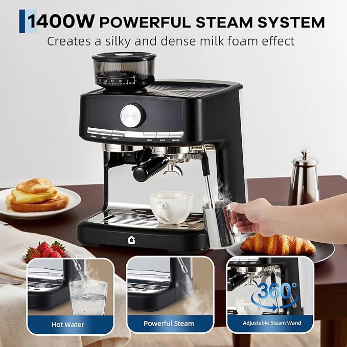 20 Bar Pressure Stainless Steel Espresso Machine with Grinder, 1.5l Removable Water Tank, Milk Frother Steam Wand for Latte and Cappuccino, Adjustable Shot Volume,Black