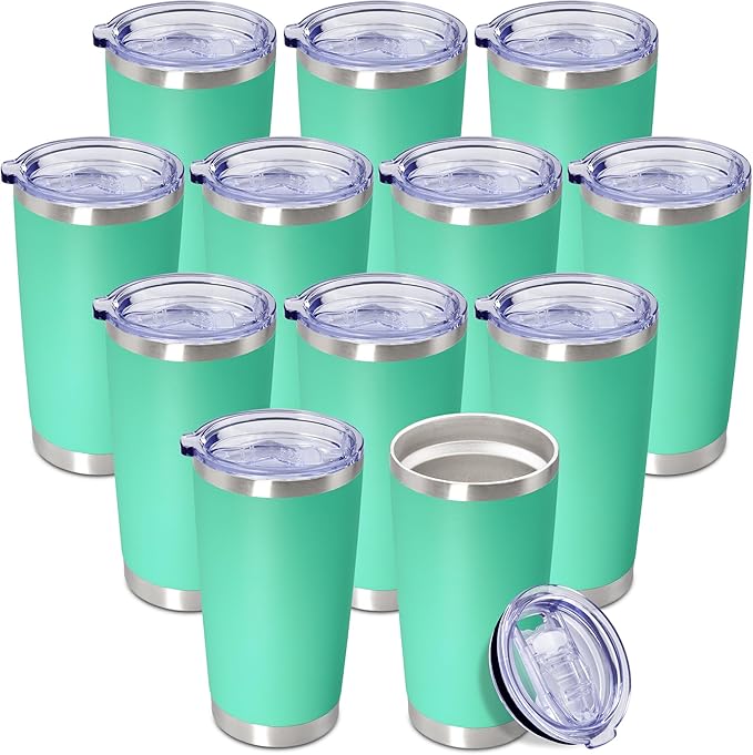 20 oz Tumbler Coffee Tavel Tumblers Bulk with Lid Stainless Steel Double Wall Vacuum Insulated Mug Powder Coated Cups fit Car Cupholder for Hot and Cold - Light Blue, 12Pack
