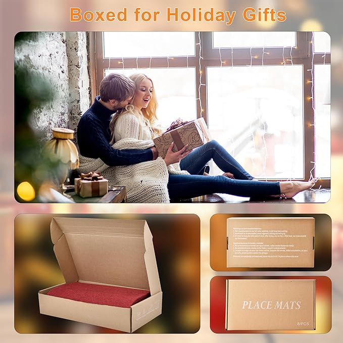 Red Christmas Placemats Set of 8 - Festive Easy to Clean Linen-Style Fabric Table Mats - Machine Washable & Heat Resistant Non-Slip Design for Thanksgiving and Holiday Dining (Wine Red, 8)