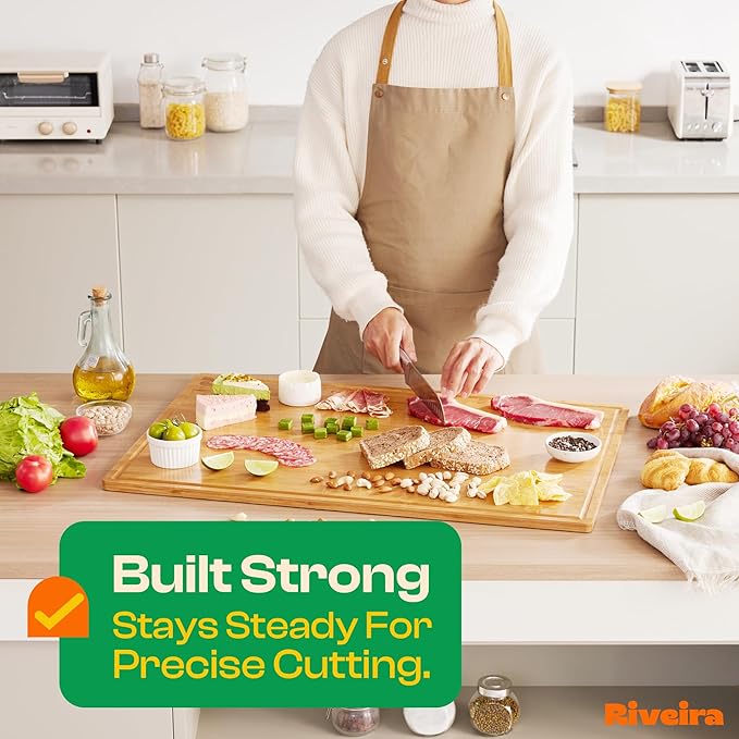 Riveira Brown Bamboo Wood Cutting Board – Gourmet Bamboo Grandeur: 20 x 30 Wooden Cutting Board – Wooden Cutting Boards For Kitchen Decorative – Innovative Juice Grooves Wooden Chopping Board