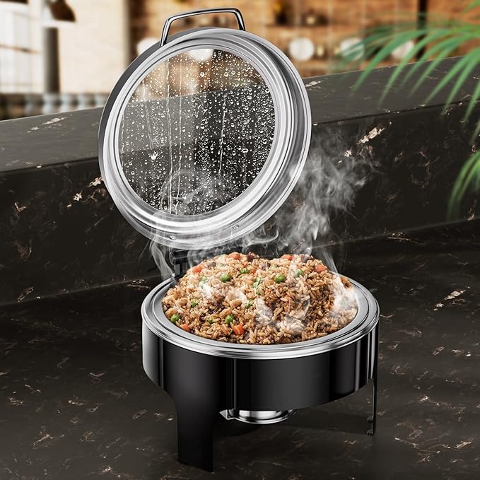 Chafing Dishes for Buffet, 6QT Round Stainless Steel Chafing Dish with Transparent Hydraulic Lid, 304 Food Pan, Buffet Warmer for Parties and Events (Black)