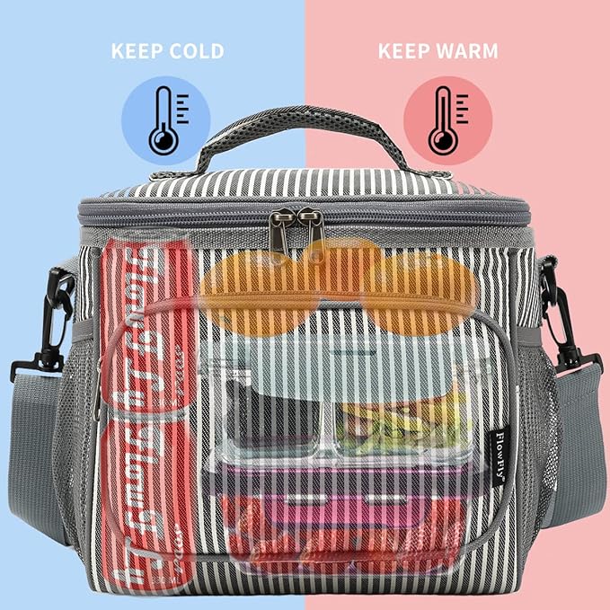 FlowFly Insulated Reusable Lunch Bag Adult Large Lunch Box for Women and Men with Adjustable Shoulder Strap,Front Zipper Pocket and Dual Large Mesh Side Pockets,Stripes