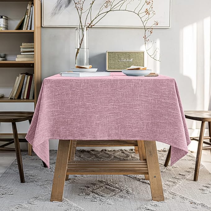 Waterproof Cotton Linen Thick Tablecloths Rectangle Dining Table Cloth, Wipe Clean Indoor & Outdoor Table Cover for Kitchen Party and Banquets, Wrinkle Resistant（54"x86"） Pink
