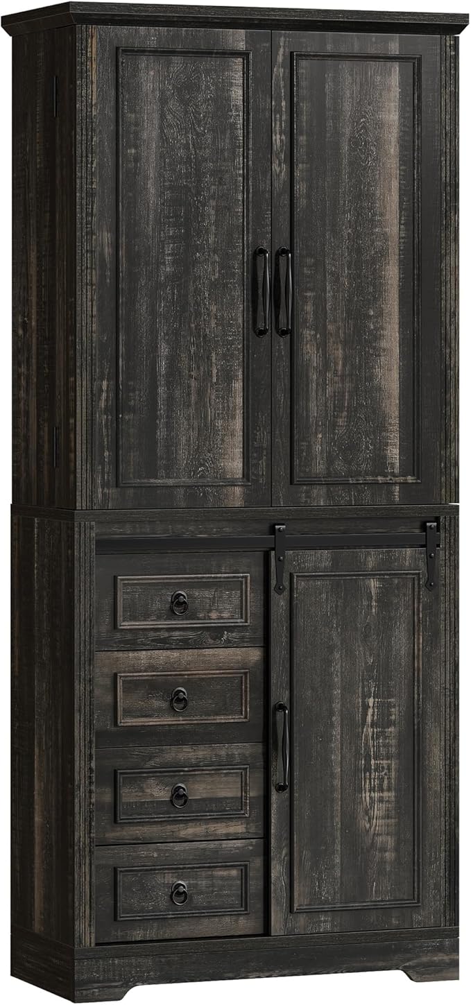 YITAHOME Pantry Cabinet, 71-Inch Tall Freestanding Storage Cabinet with 4 Drawers, Farmhouse Cupboard with Doors Storage, Adjustable Shelves, for Living Room, Dining Room, Black Oak