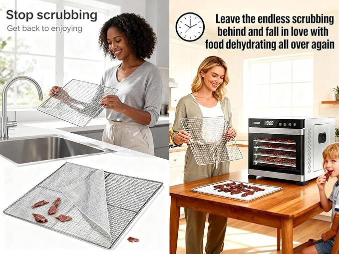 Non-Stick Silicone Dehydrator Liners: 12.5x9.8 inch Fit Cercker/DBC-07A/DBC-14A BPA-Free Easy Clean Reusable Mesh Sheets for Healthy Snacks 14-Pack