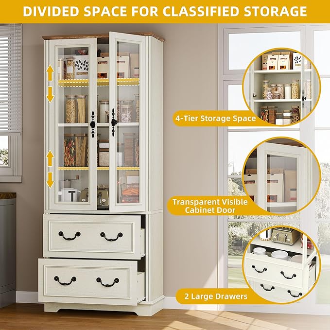 DWVO 76" Kitchen Pantry Storage Cabinet, Freestanding Display Cabinets with Glass Doors & Adjustable Shelves & Drawers, Tall Farmhouse Cupboard for Dining Room, Living Room, Bathroom, White Walnut